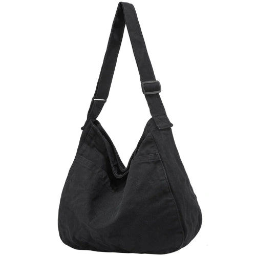 Large Canvas Hobo Crossbody Shoulder Bag with Zipper - Black