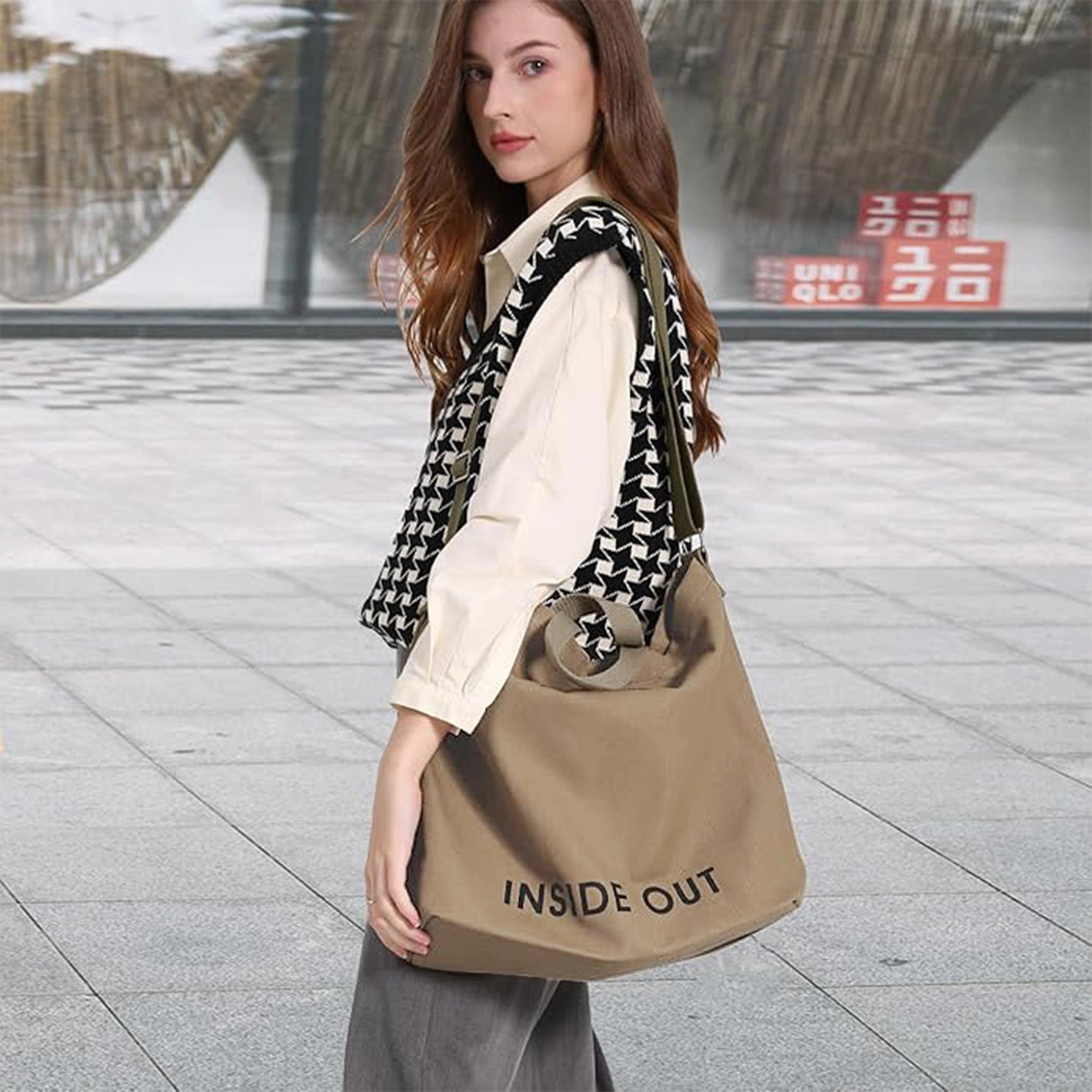 Large Canvas Tote Canvas Crossbody Handbag Shoulder Bag for Work Travel Casual - Khaki