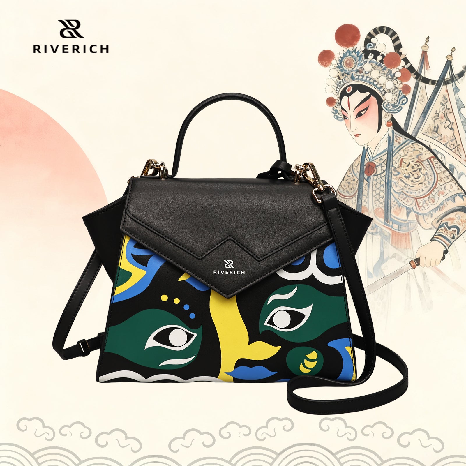 Peking Opera Mask Crossbody Bag - Black