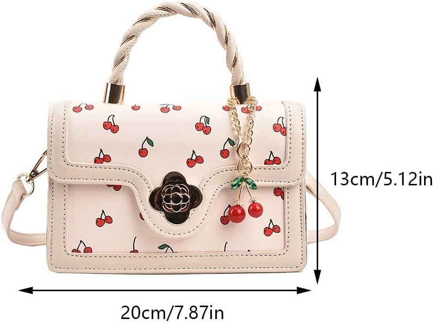 Cherry Shoulder Bag Purse for Women Cute Square Crossbody Bag PU Leather Cherry Pattern Top-handle Handbag Small Satchel Bag