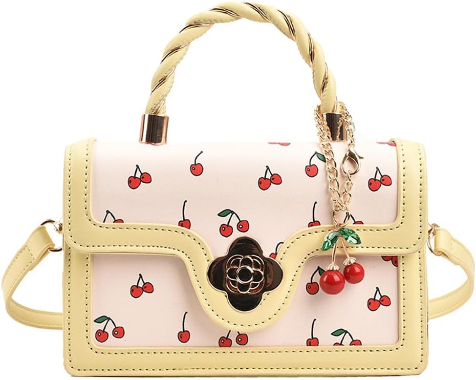 Cherry Shoulder Bag Purse for Women Cute Square Crossbody Bag PU Leather Cherry Pattern Top-handle Handbag Small Satchel Bag