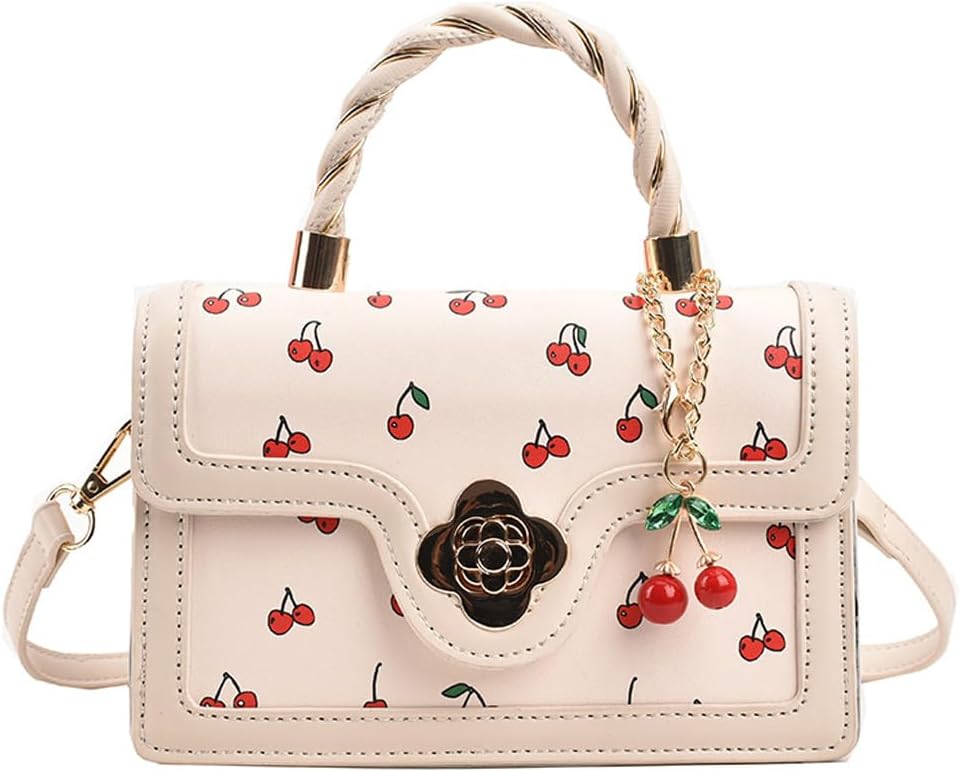 Cherry Shoulder Bag Purse for Women Cute Square Crossbody Bag PU Leather Cherry Pattern Top-handle Handbag Small Satchel Bag