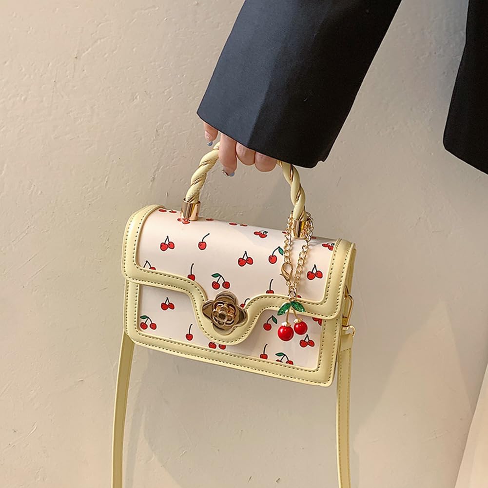 Cherry Shoulder Bag Purse for Women Cute Square Crossbody Bag PU Leather Cherry Pattern Top-handle Handbag Small Satchel Bag