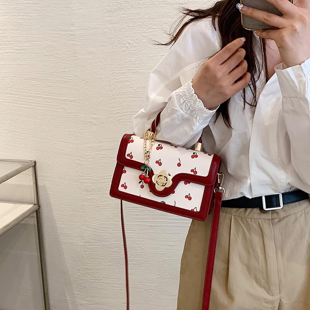 Cherry Shoulder Bag Purse for Women Cute Square Crossbody Bag PU Leather Cherry Pattern Top-handle Handbag Small Satchel Bag