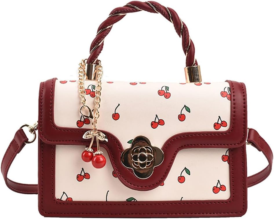 Cherry Shoulder Bag Purse for Women Cute Square Crossbody Bag PU Leather Cherry Pattern Top-handle Handbag Small Satchel Bag