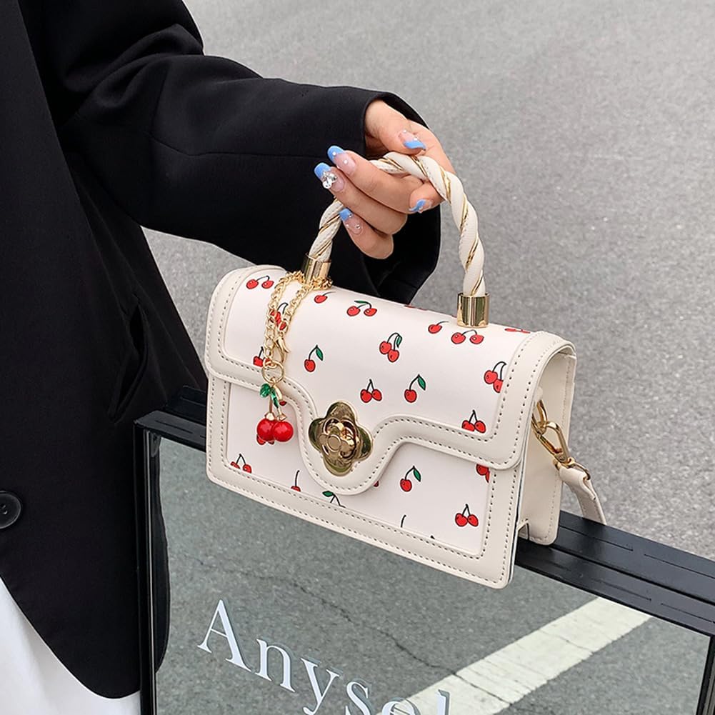 Cherry Shoulder Bag Purse for Women Cute Square Crossbody Bag PU Leather Cherry Pattern Top-handle Handbag Small Satchel Bag