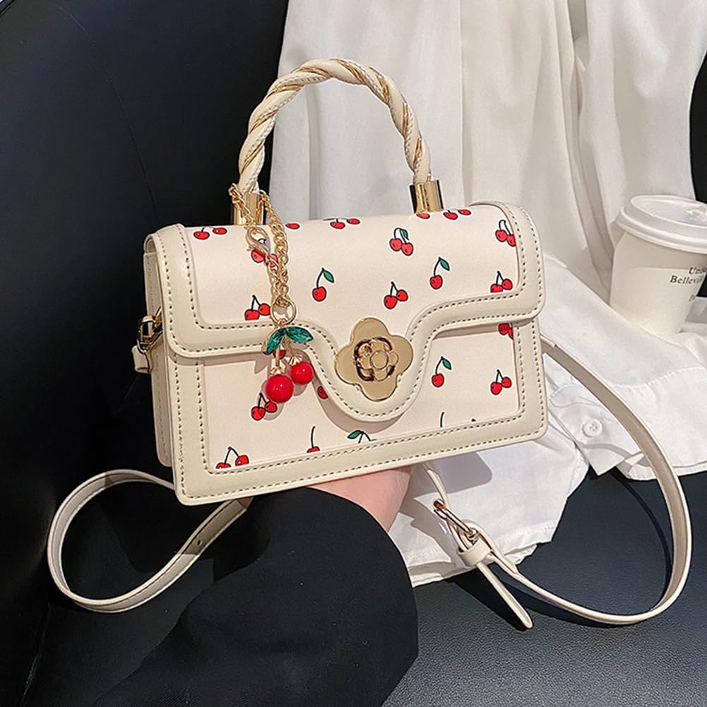 Cherry Shoulder Bag Purse for Women Cute Square Crossbody Bag PU Leather Cherry Pattern Top-handle Handbag Small Satchel Bag