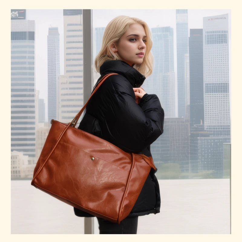 Large Tote Bag for Women with Zipper - Brown