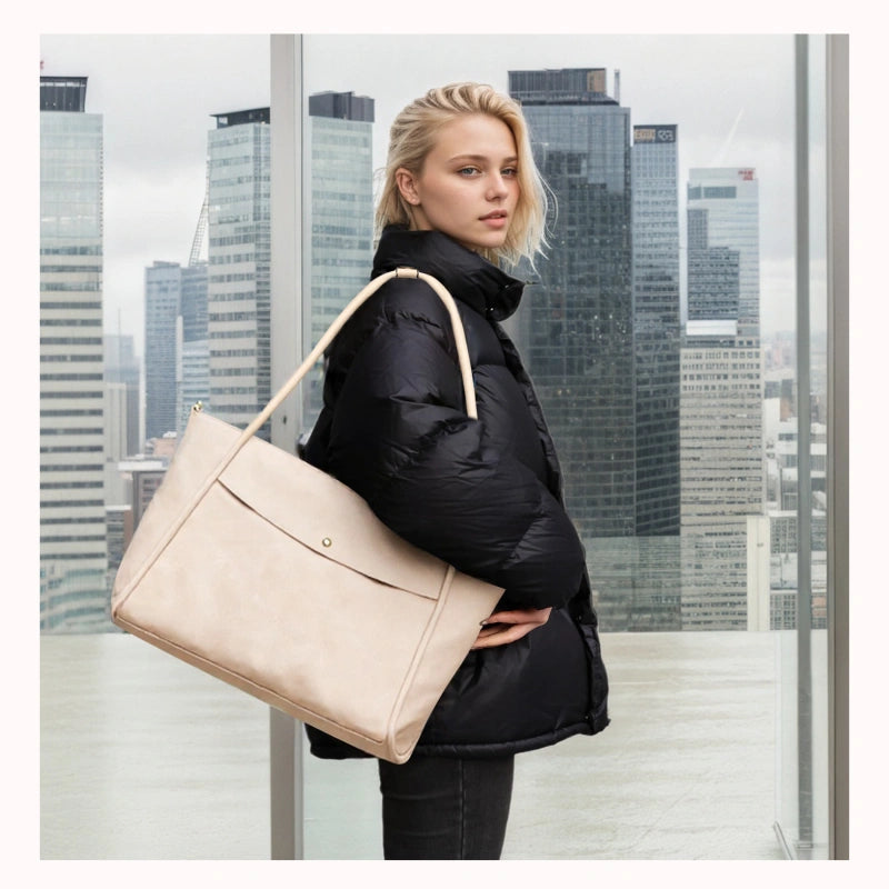 Large Tote Bag for Women with Zipper - White