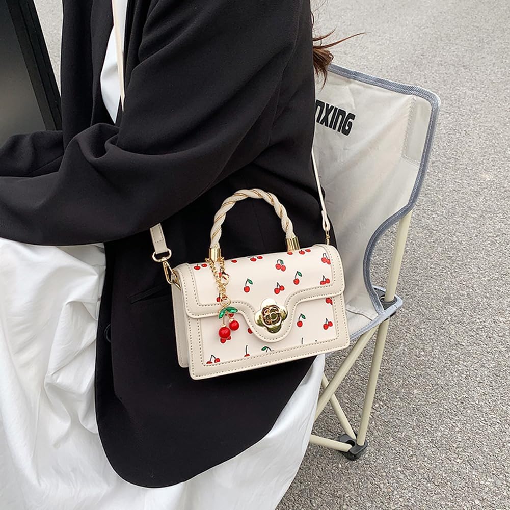 Cherry Shoulder Bag Purse for Women Cute Square Crossbody Bag PU Leather Cherry Pattern Top-handle Handbag Small Satchel Bag