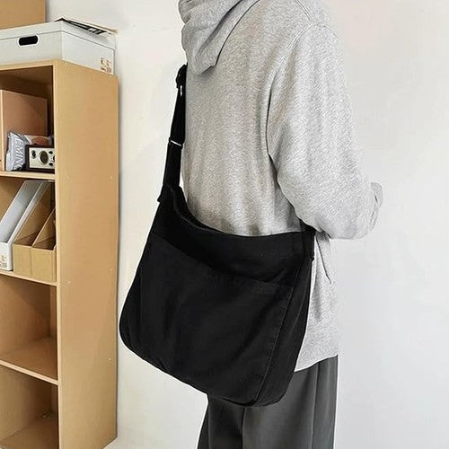 Large Canvas Hobo Crossbody Shoulder Bag with Zipper - Black