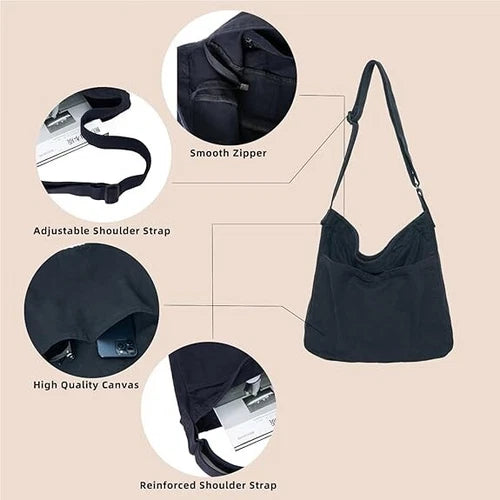 Large Canvas Hobo Crossbody Shoulder Bag with Zipper - Detail