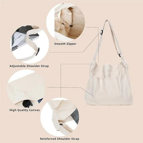 Large Canvas Hobo Crossbody Shoulder Bag with Zipper - Detail