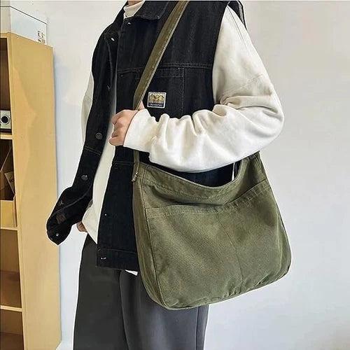 Large Canvas Hobo Crossbody Shoulder Bag with Zipper - Green