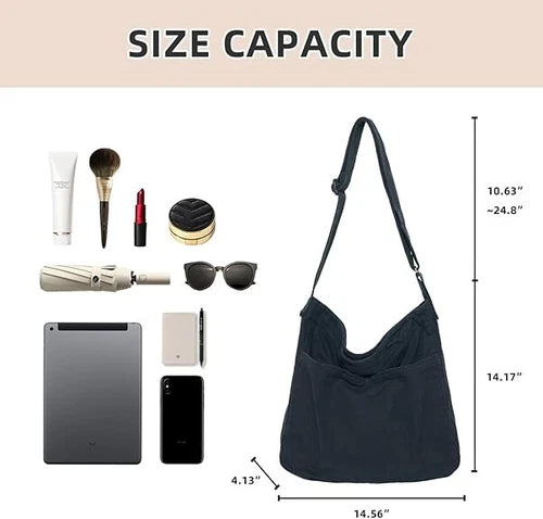 Large Canvas Hobo Crossbody Shoulder Bag with Zipper - Size