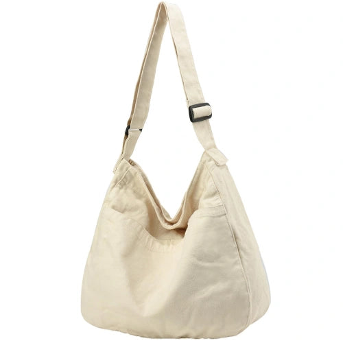 Large Canvas Hobo Crossbody Shoulder Bag with Zipper - White