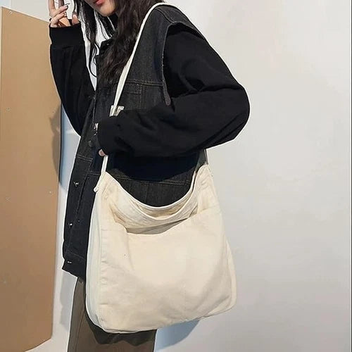 Large Canvas Hobo Crossbody Shoulder Bag with Zipper - White